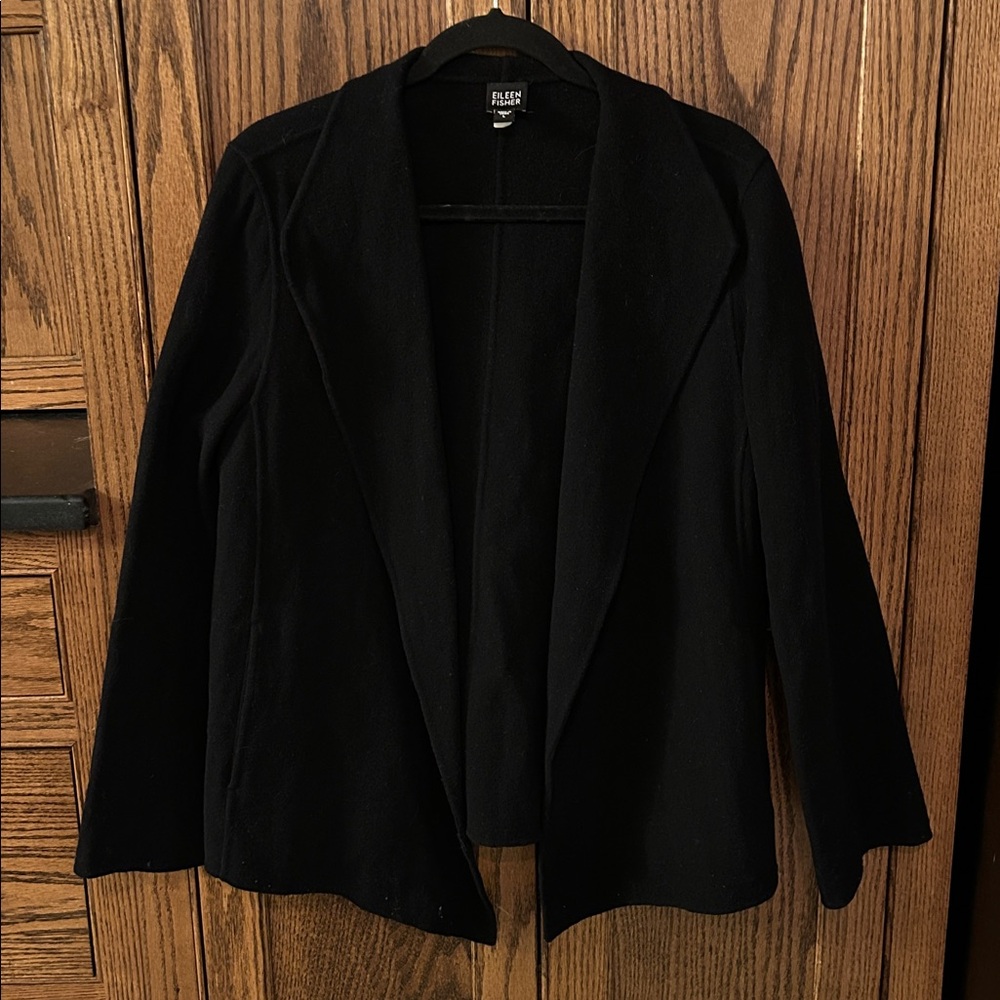 Eileen‎ Fisher Virgin Wool Blazer Jacket Black Open Front Minimalist Large